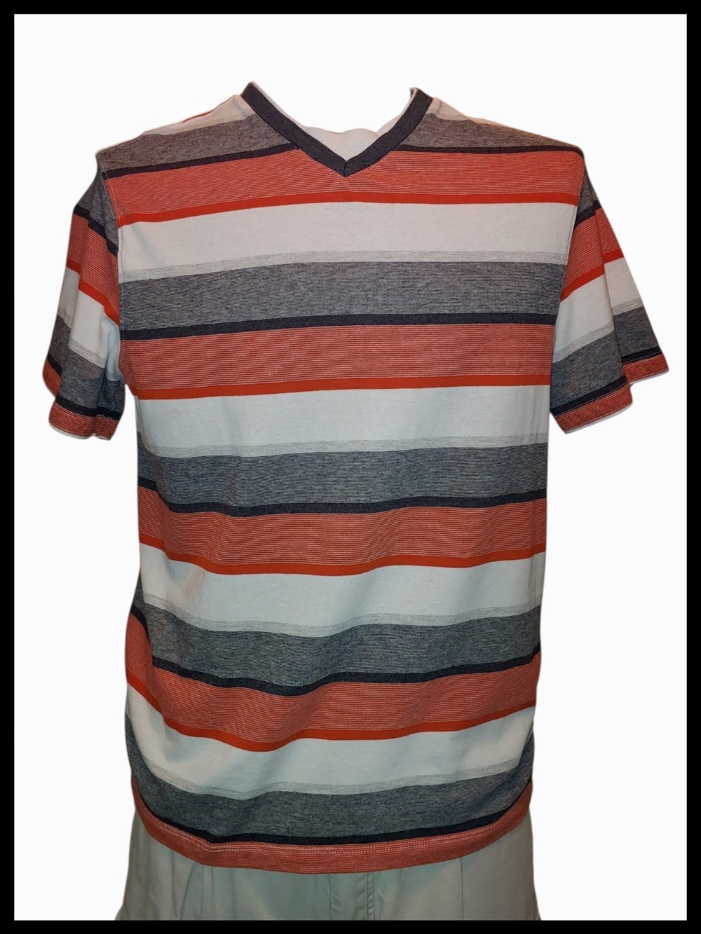 Method Short Sleeve Faux V-Neck Stripe Shirt in Coral, Gray & White